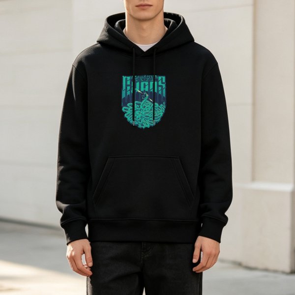 Black Hoodie With Teal Chaos Snake Graphic Print
