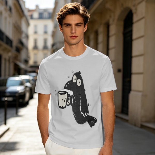 Olive Green T-Shirt With Cartoon Crow Holding Coffee Mug Print