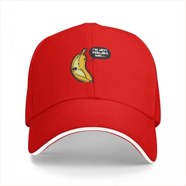 Black baseball cap with sad banana graphic reading I'm not peeling well