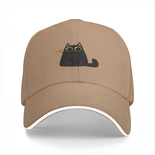 Black baseball cap with surprised cartoon black cat graphic
