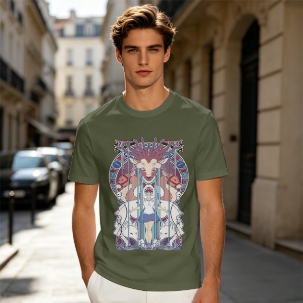 Olive green t-shirt with stained glass style forest spirit anime artwork