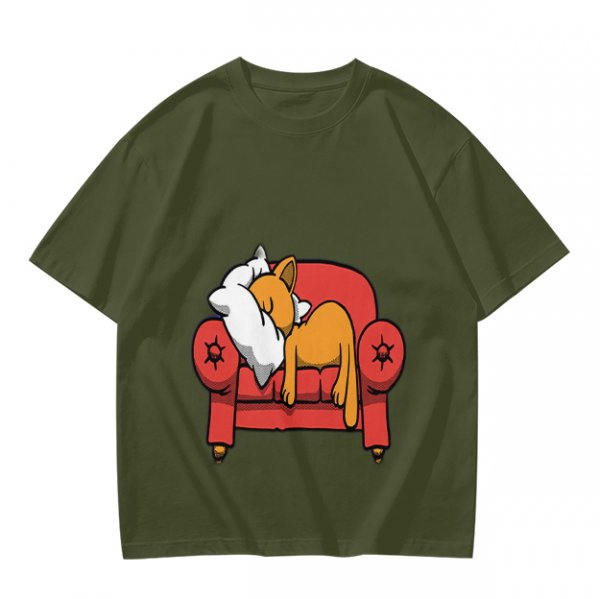 Olive green t-shirt with a sleeping orange cat on a red armchair print