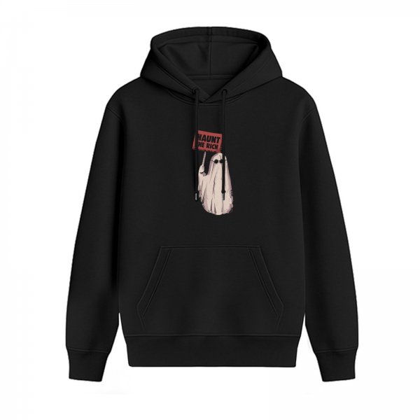 Black hoodie with ghost holding 'Haunt the Rich' protest sign