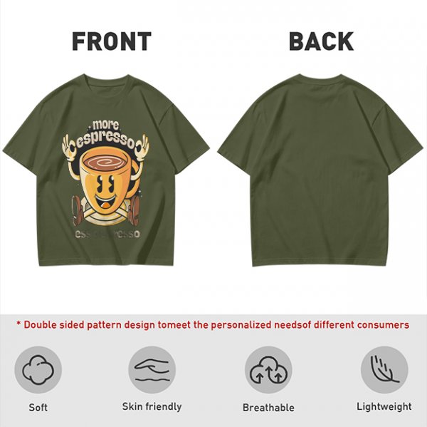 Oversized Olive T-Shirt with Retro Espresso Coffee Mascot Graphic