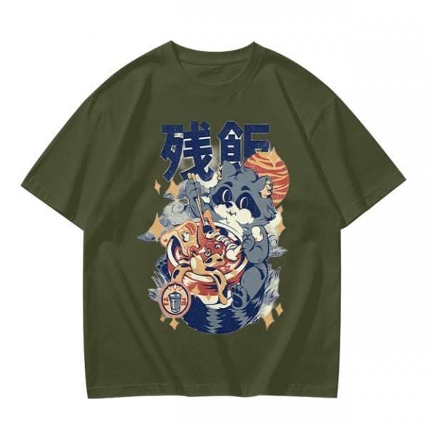 Olive green graphic t-shirt with raccoon eating ramen print