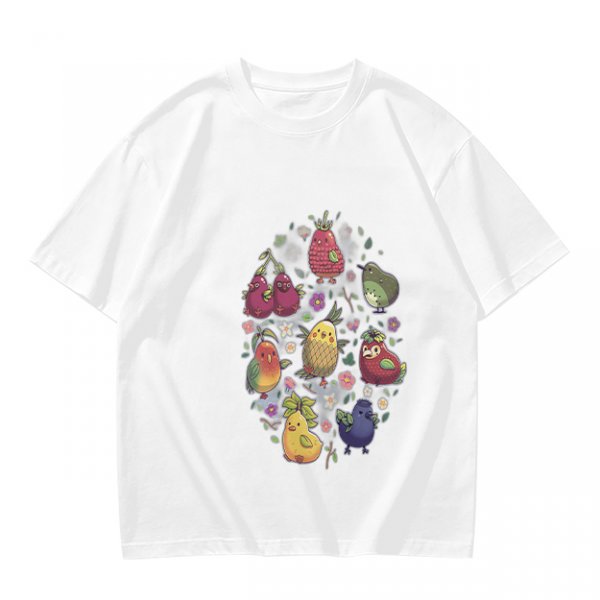 Olive Green T-Shirt With Whimsical Fruit Bird Graphic Print