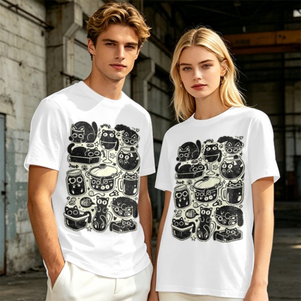 Olive Green T-Shirt With Playful Black Cats In Kitchenware Print