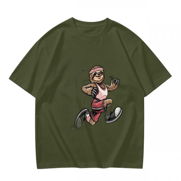 Olive T-Shirt with Cartoon Sloth Running Athlete Graphic