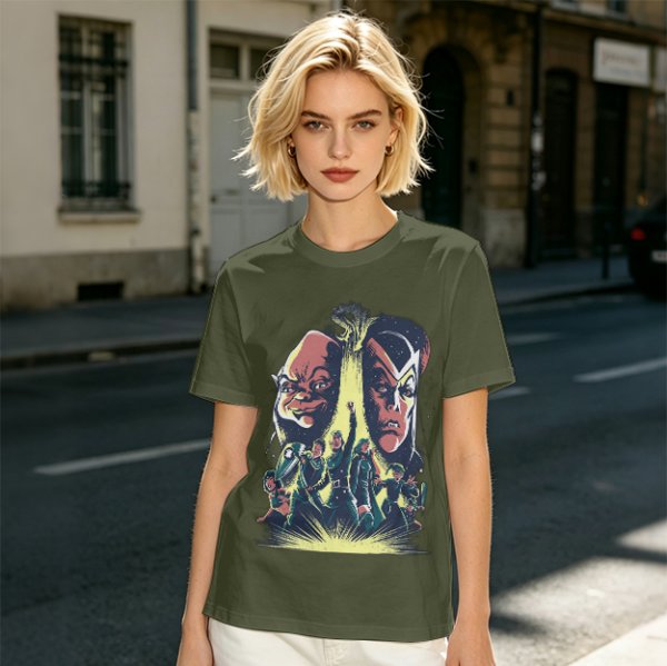 Olive Graphic Tee With Retro Sci-Fi Character Art Print