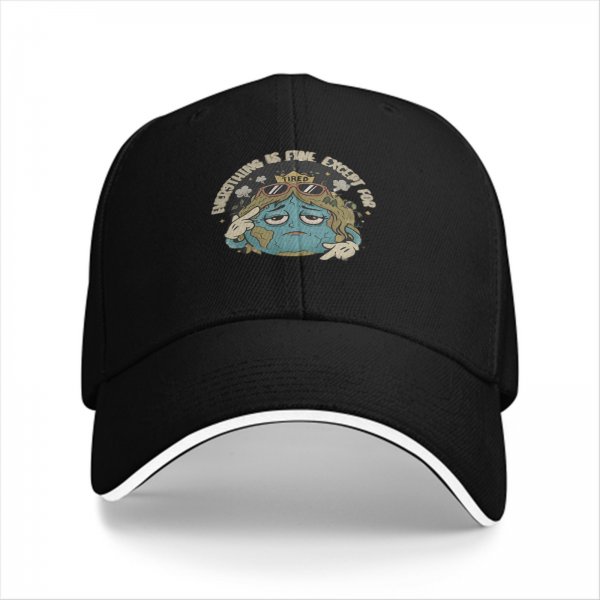 Black baseball cap with tired Earth graphic and 'Everything is fine except for' text
