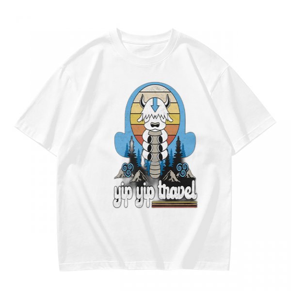 Olive green t-shirt with Appa graphic and 'yip yip travel' text