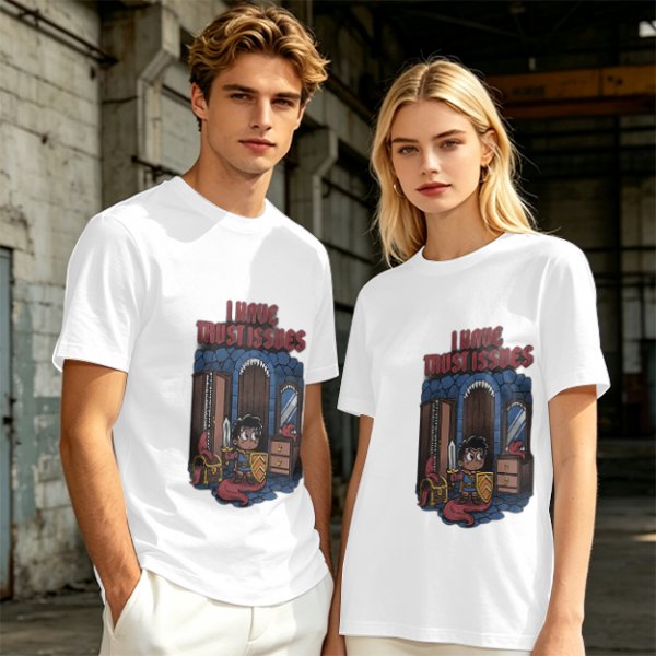Olive t-shirt with 'I Have Trust Issues' chibi knight graphic