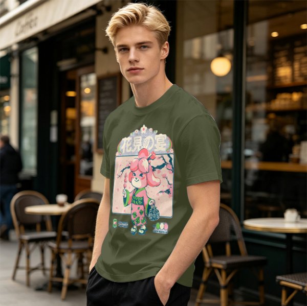 Olive green t-shirt with cherry blossom festival dog character print
