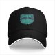Black baseball cap with teal snake and text graphic