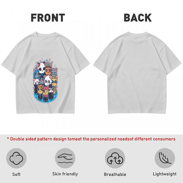 Olive T-Shirt With Cute Chibi Cat Character Group Print