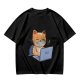 Olive T-Shirt With Cute Orange Cat Working On Laptop Print