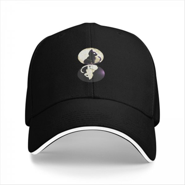 Black baseball cap with black and white cat moon graphic
