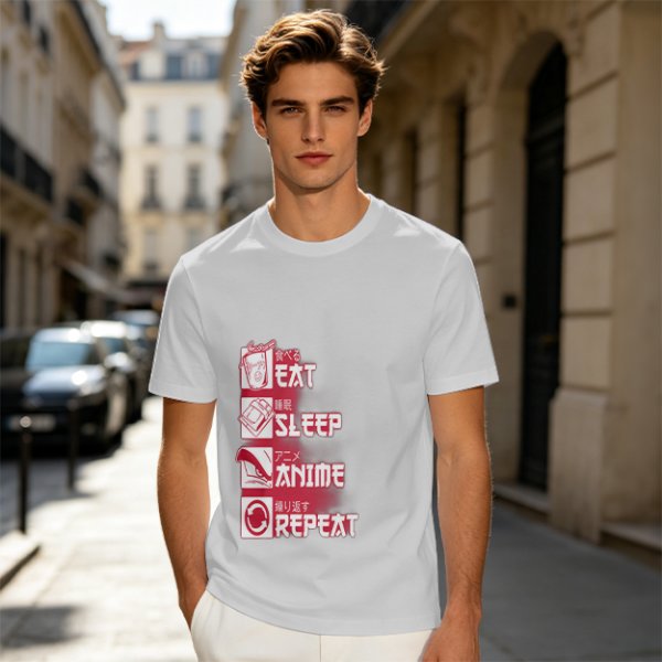 Oversized Olive Anime Themed T-Shirt With Eat Sleep Anime Repeat Print