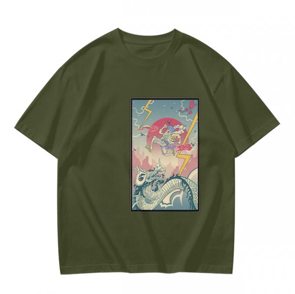 Olive T-shirt with Japanese style dragon and lightning graphic print