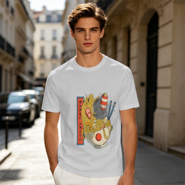Olive T-Shirt With Ramen Bowl Graphic and Vertical Text Print