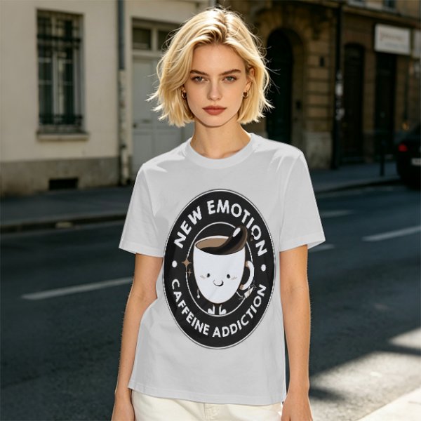 Olive t-shirt with 'New Emotion Caffeine Addiction' coffee cup graphic