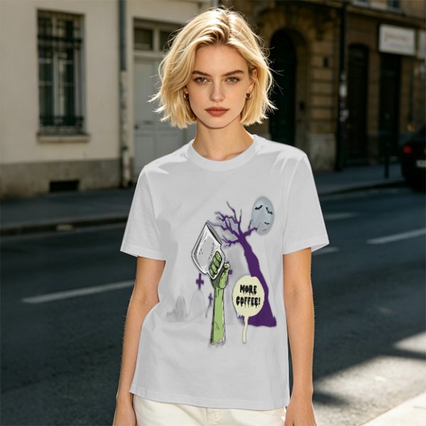 Olive Zombie Hand Holding Coffee Mug 'More Coffee!' Graphic T-Shirt