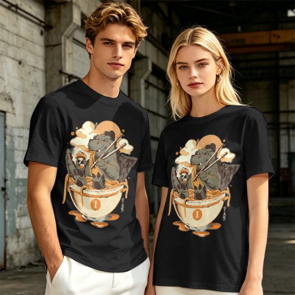 Olive T-Shirt Featuring Godzilla Eating Ramen Noodles