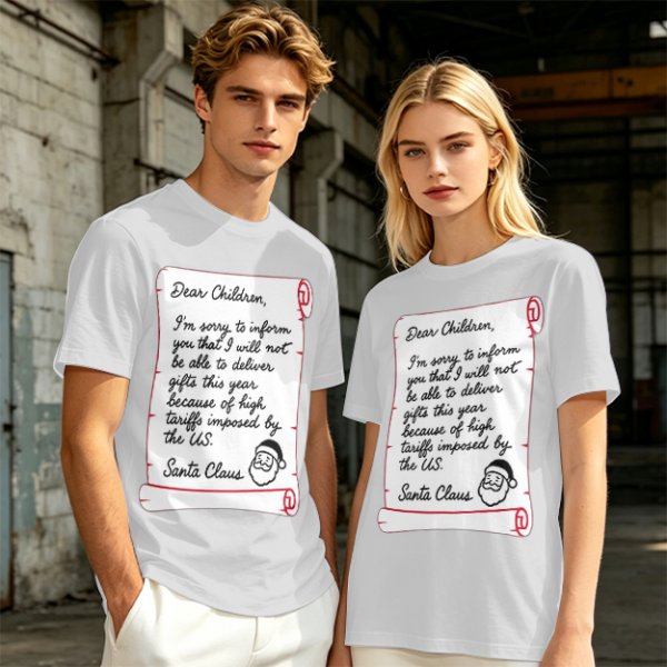 Christmas t-shirt with Santa's tariff excuse note print