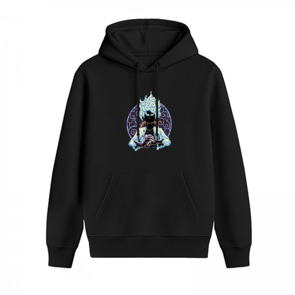 Black hoodie with anime sun god figure graphic print