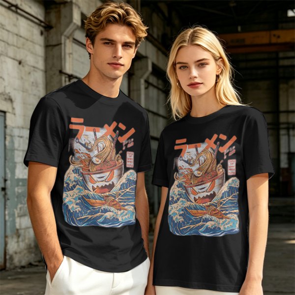 Olive T-Shirt With Great Wave Inspired Monster Ramen Bowl Art