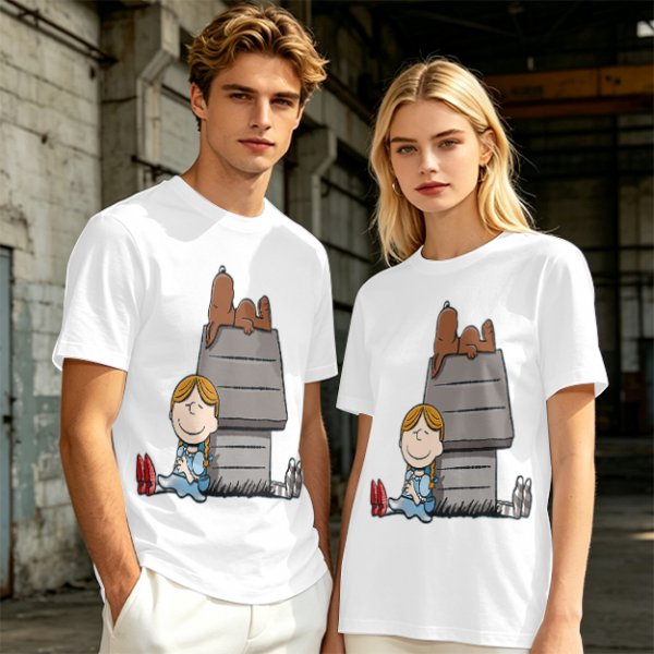 Olive T-Shirt with Peanuts Style Girl and Dog on Doghouse Print