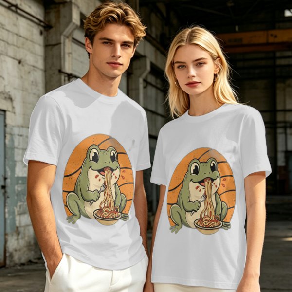 Olive Green T-Shirt Featuring a Frog Eating Spaghetti Graphic
