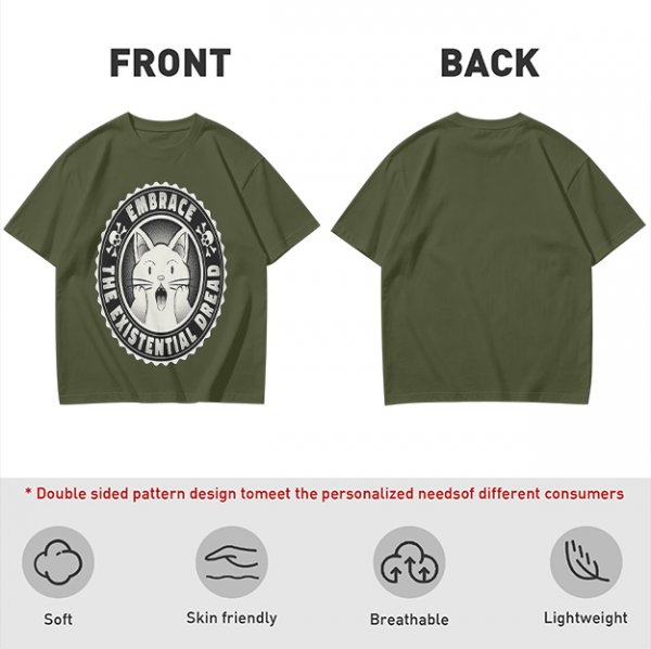 Olive t-shirt with 'Embrace the Existential Dread' screaming cat graphic