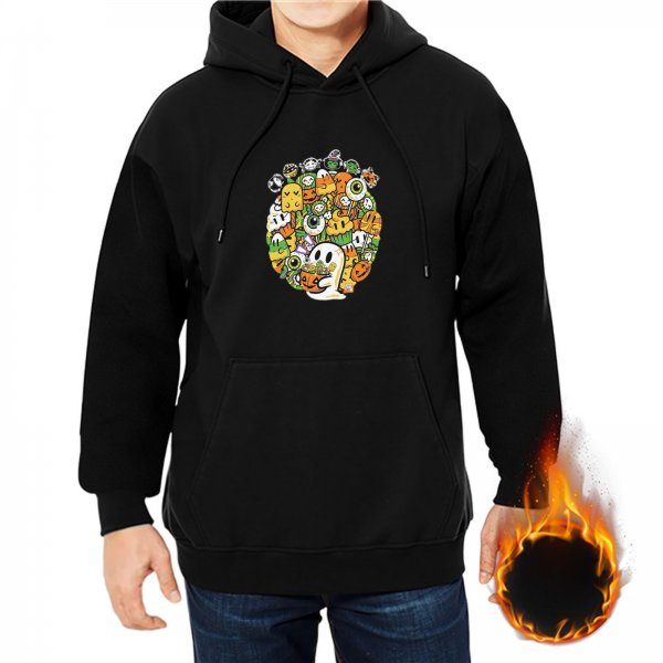 Black hoodie with playful Halloween monster doodle graphic
