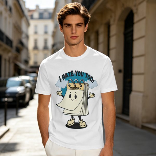 Olive t-shirt with cartoon Monday calendar graphic and 'I HATE YOU TOO' text