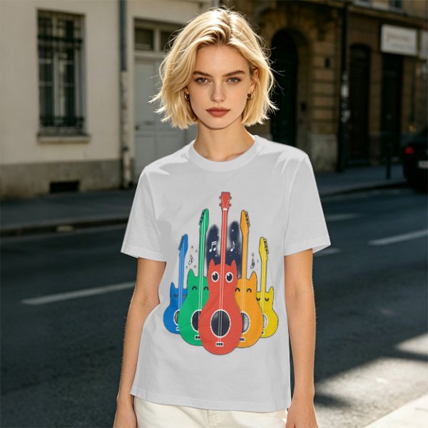 Olive T-Shirt With Colorful Cat Guitar Illustration
