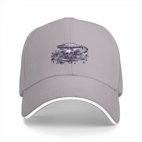 Black baseball cap with gothic teacup skull and rose print