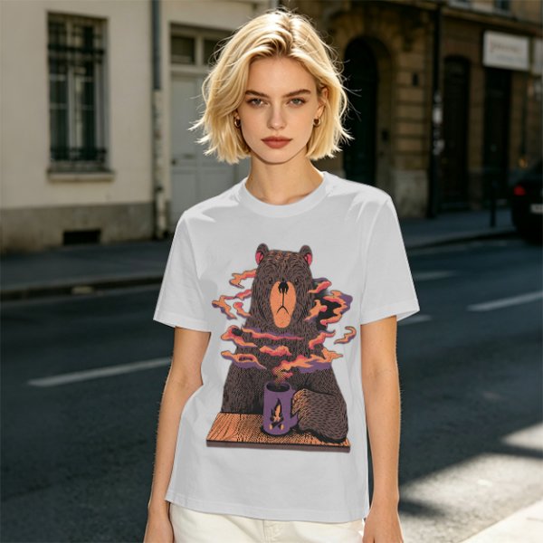 Olive T-Shirt With A Bear Holding A Campfire Mug Design