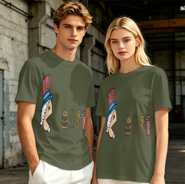 Olive T-Shirt With Uncle Sam Hat And Fast Food Graphic Print