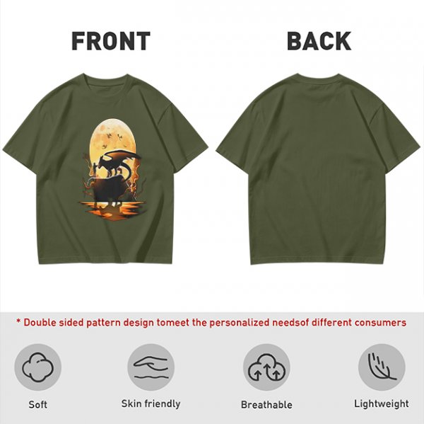 Olive T-Shirt With Dragon Silhouette Full Moon Graphic Print