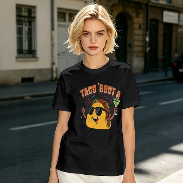 Olive taco graphic t-shirt with 'TACO 'BOUT A' text and margarita