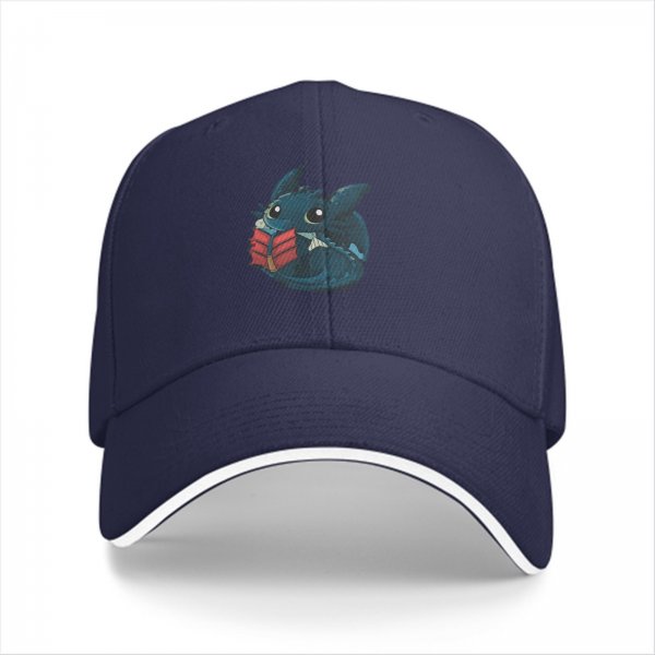 Black baseball cap featuring a cute dragon reading a red book