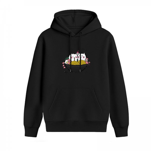 Black hoodie with cute cats in ramen bowl graphic design