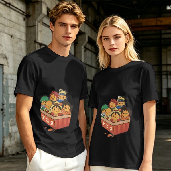 Olive T-shirt with Chibi Anime Characters in Takeout Box
