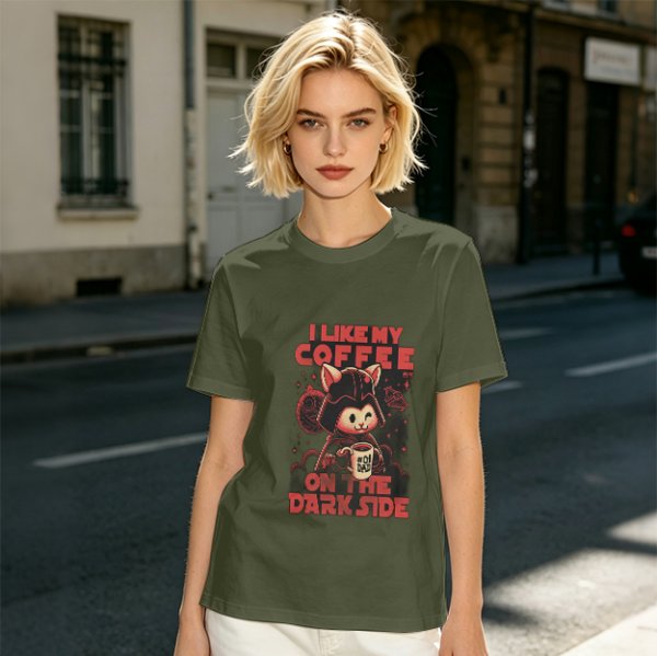 Olive T-Shirt with Cat Darth Vader 'I Like My Coffee On The Dark Side' Print