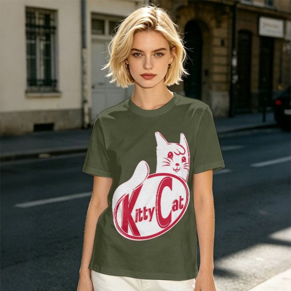 Olive green t-shirt with Kitty Cat graphic print