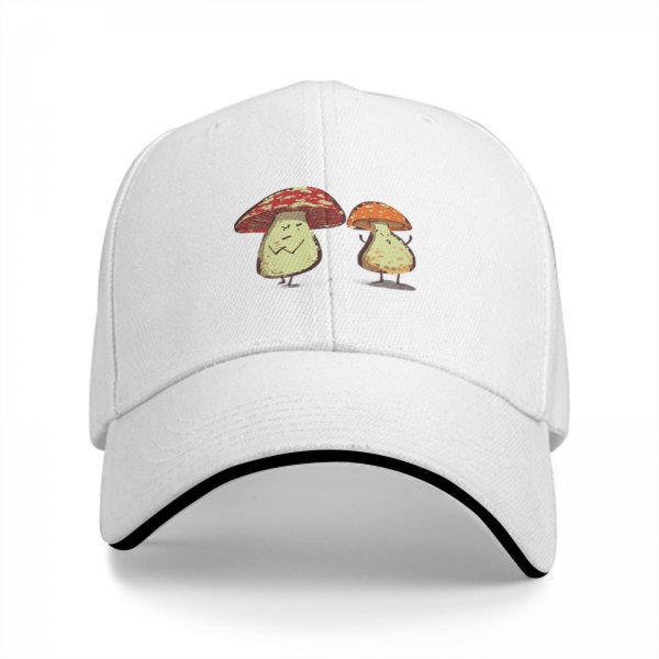 Black Baseball Cap With Cartoon Grumpy Mushroom Characters Print