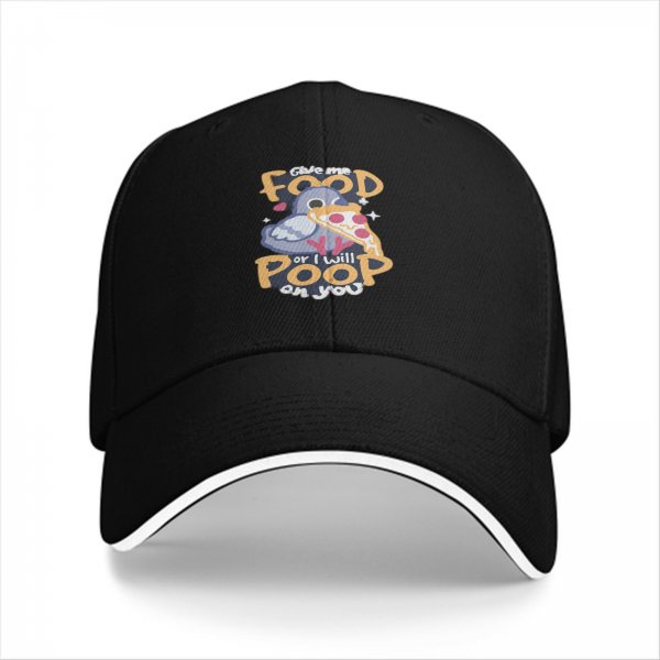 Black baseball cap with funny pigeon pizza 'give me food or i will poop on you' print