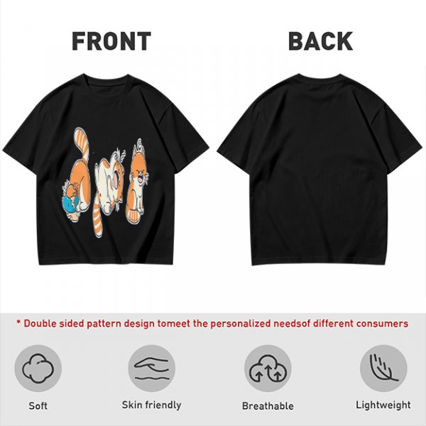 Olive T-Shirt With Playful Orange Cat Illustrations