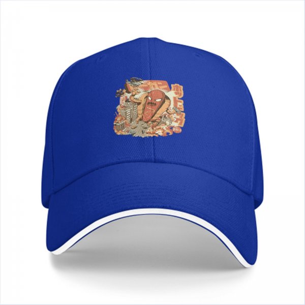 Black baseball cap with giant hot kaiju destroying city graphic